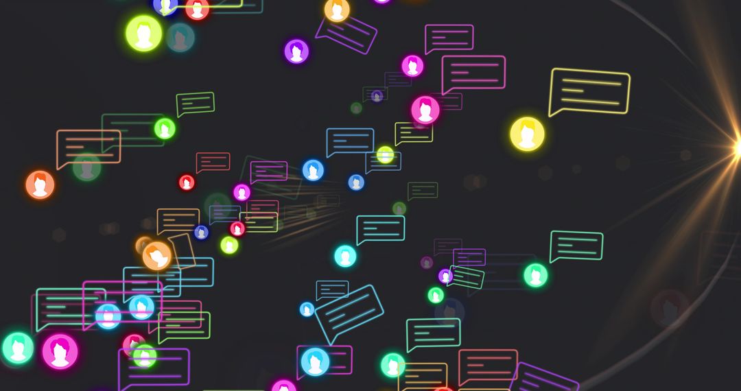 Futuristic digital network with vibrant chat bubbles and icons