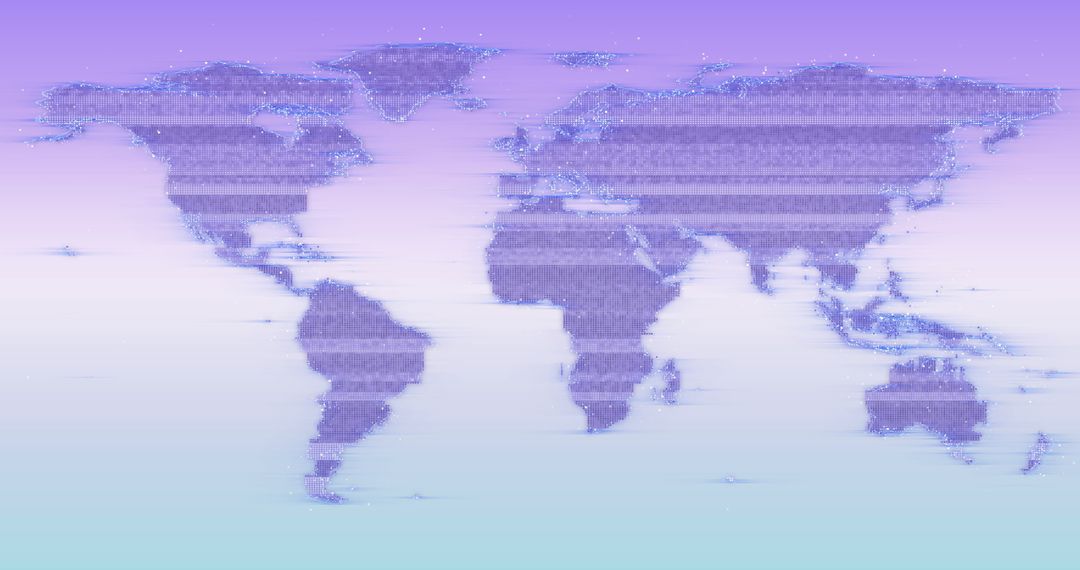 Digital World Map with Distorted Glitch Effect on Blue Background