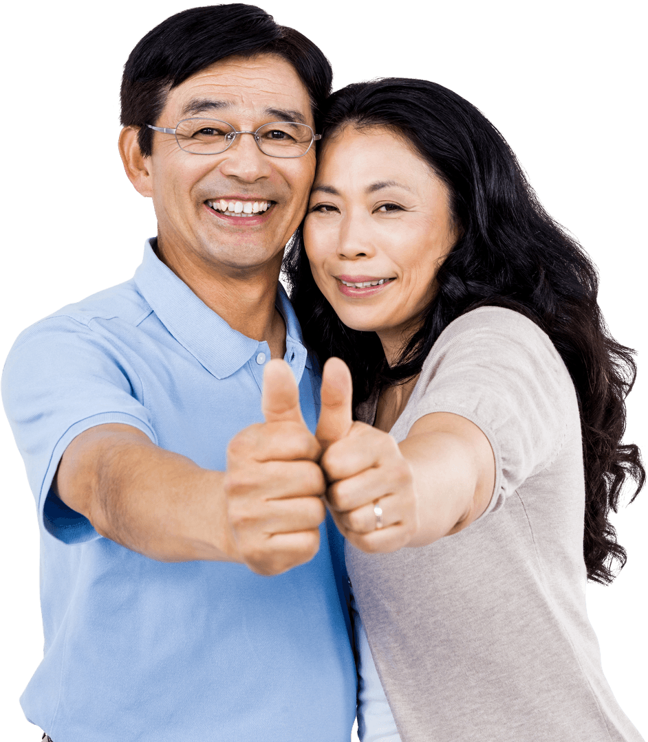 Smiling Elderly Asian Couple Giving Thumbs Up on Transparent Background