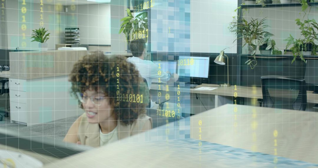 Innovative Office Worker Technology Collaboration Binary Code Overlay