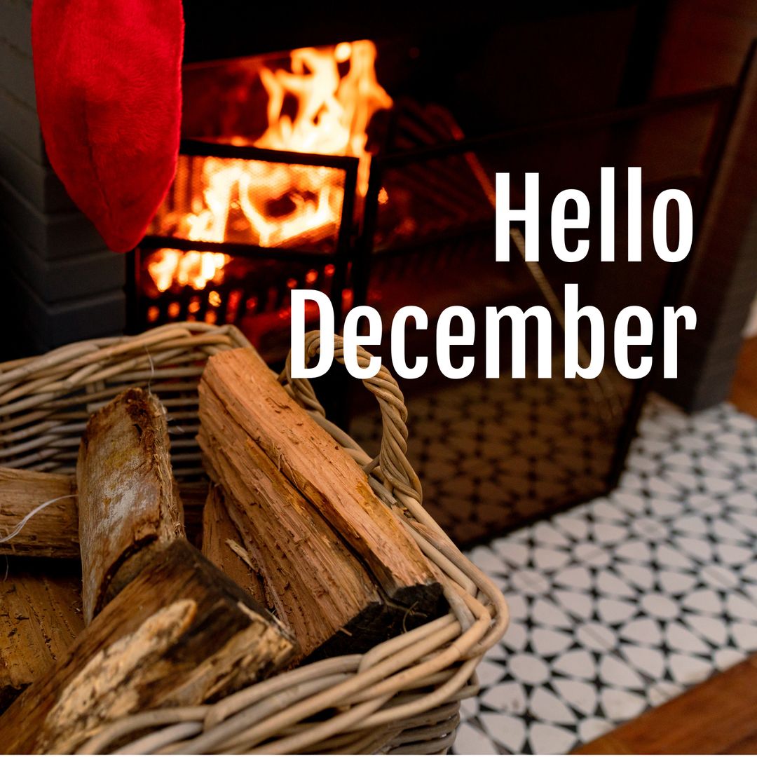 Seasonal Greeting with Cozy Fireplace and Log Basket