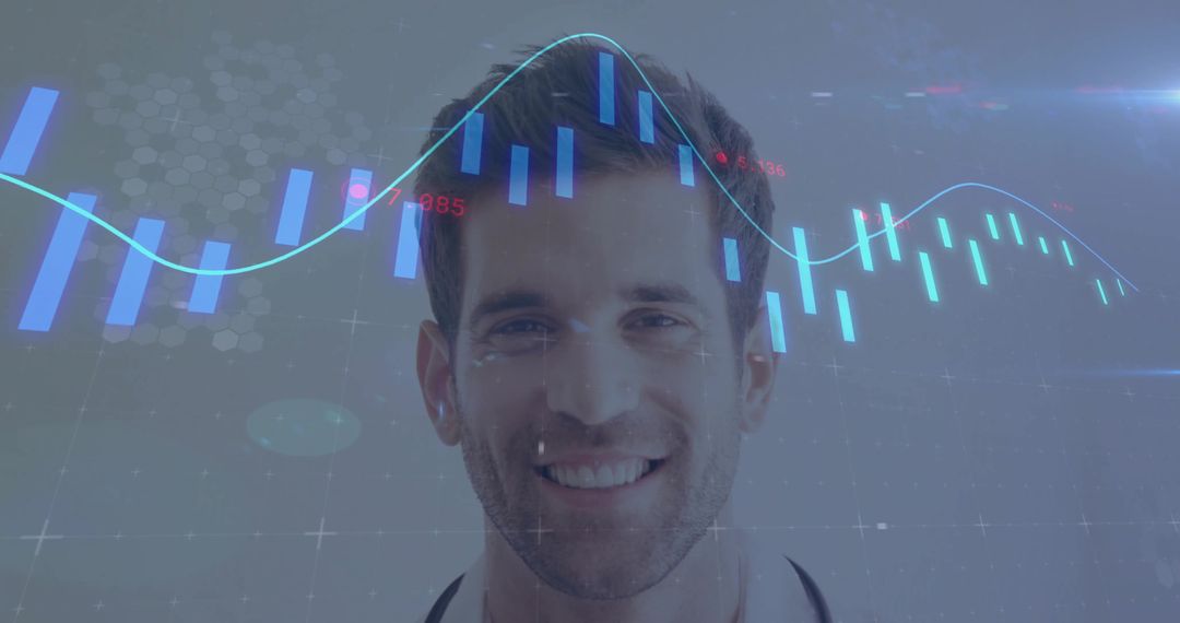 Doctor Smiling with Financial Graph Stock Visualization Overlay