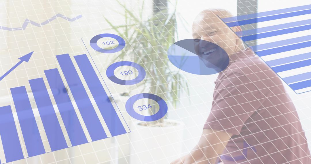 Smiling man with translucent analytics overlay showing blue bar chart, ring metrics and pie