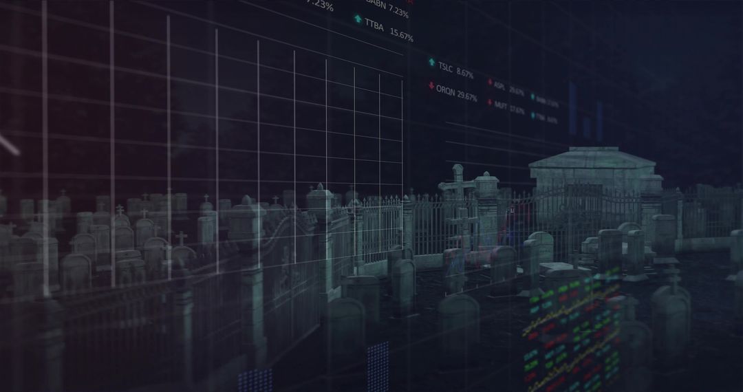 Nighttime Graveyard with Stock Market Data Overlay, Financial Charts Merging with Tombstones
