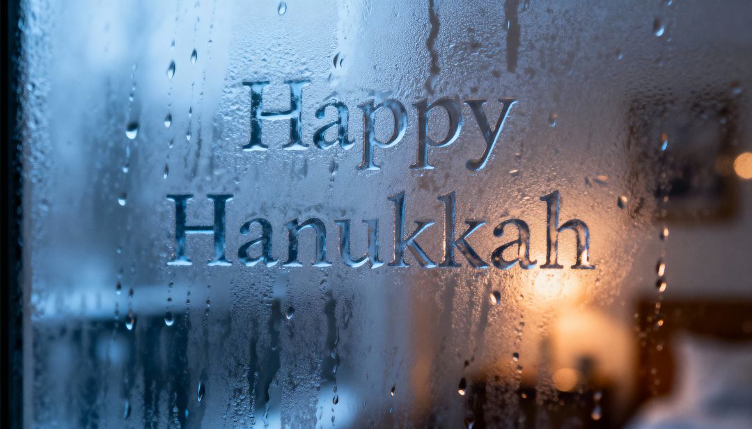 Happy Hanukkah Message Traced on Fogged Window with Raindrops and Warm Lamp Glow