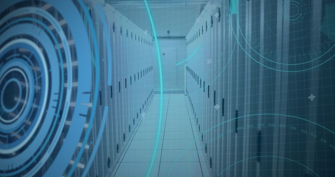 Futuristic Server Room with Digital Interface Holograms