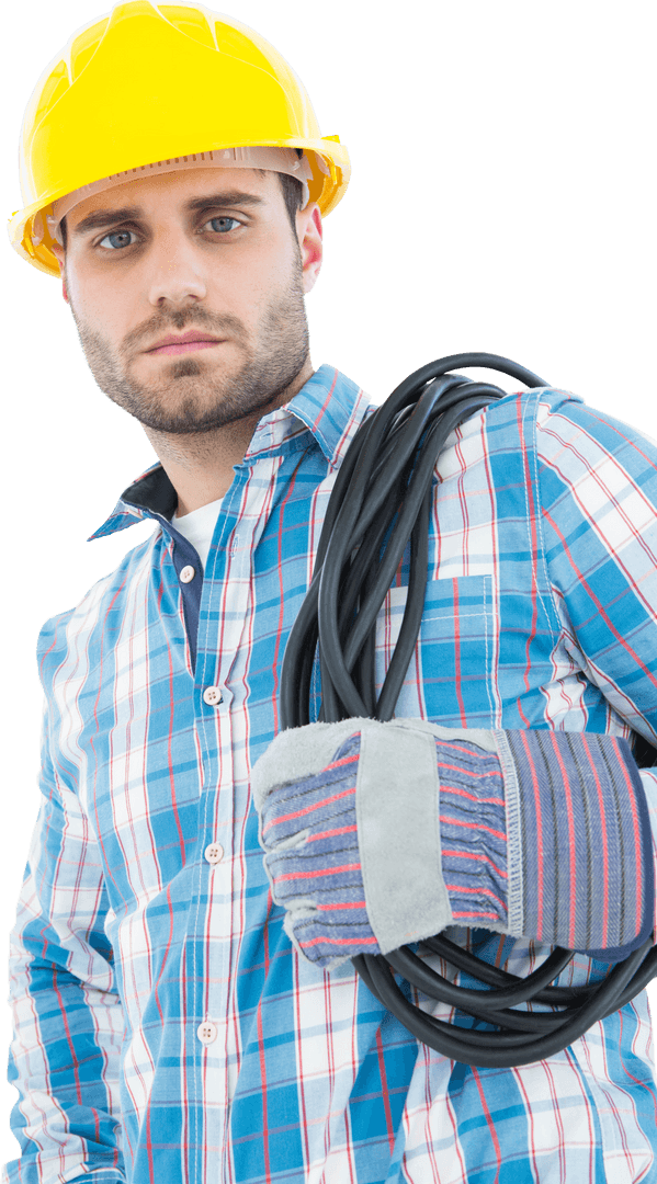 Transparent Portrait of Repairman Carrying Electrical Cable with Confidence