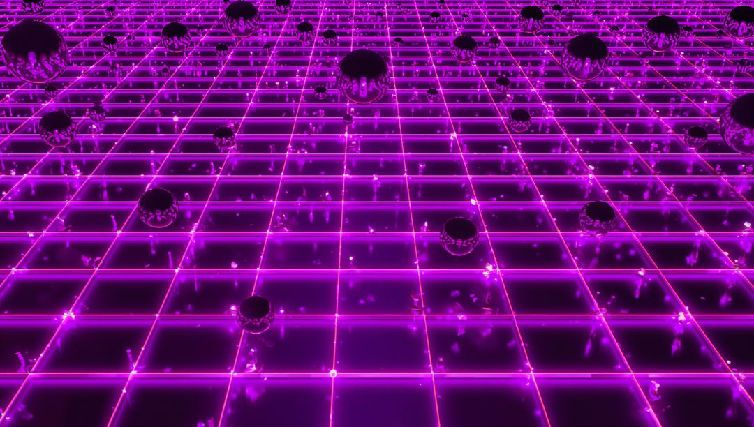 Futuristic Neon Grid with Hovering Metallic Spheres