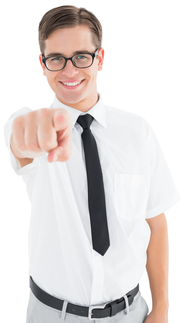 Smiling Businessman Wearing Glasses Pointing on Transparent Background