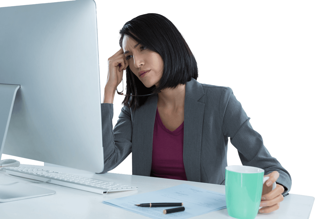 Transparent Image of Tired Businesswoman Checking Computer