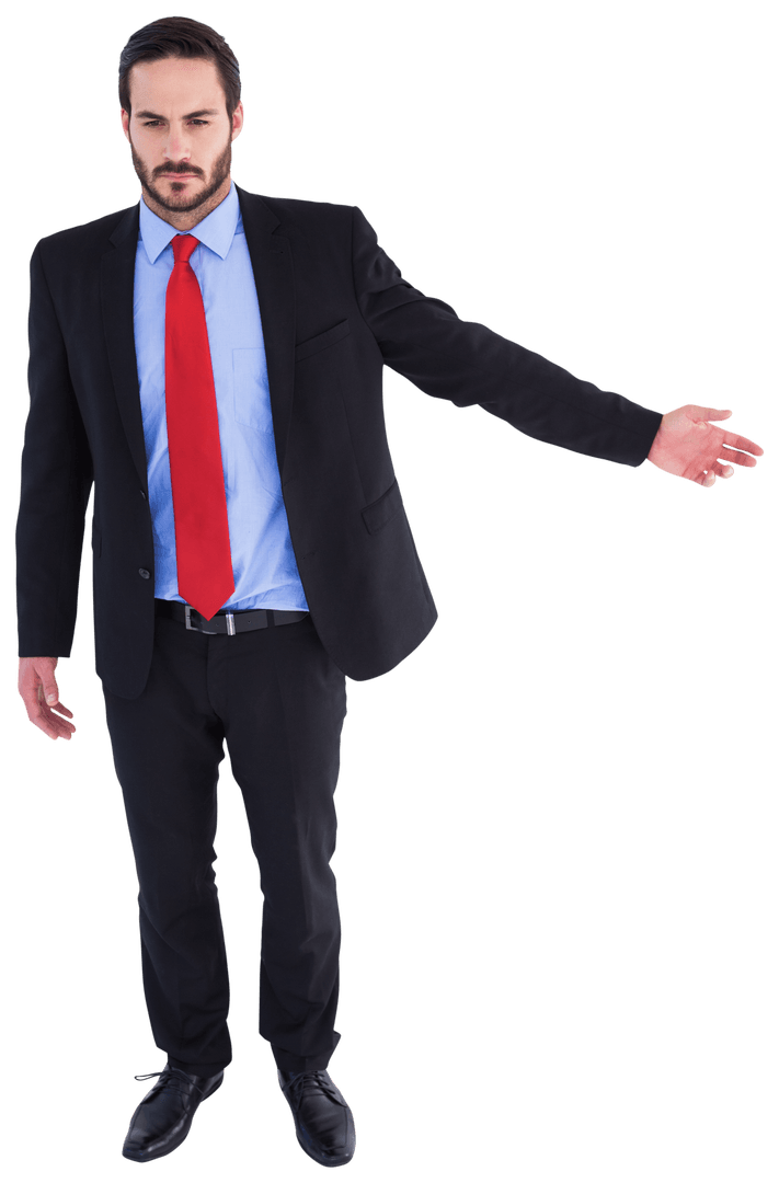 Transparent Businessman Gesturing Direction with Open Hand