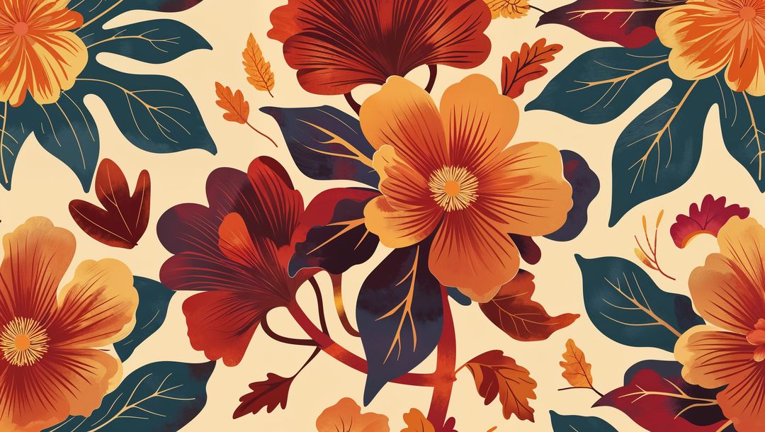 Vibrant Tropical Floral Pattern with Warm Tones on Beige