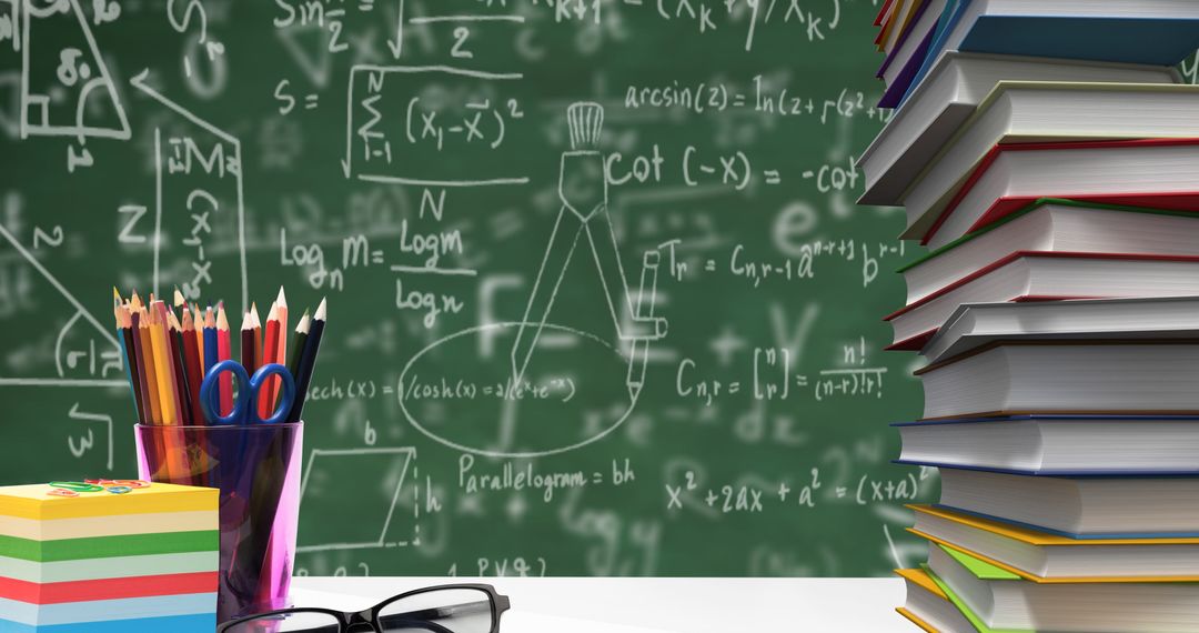 Back to School Supplies with Green Chalkboard Background