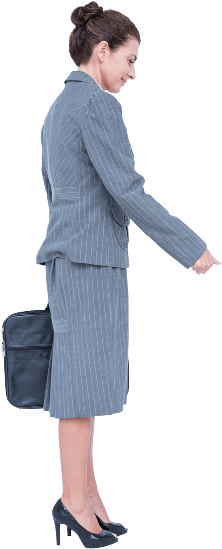 Full Length Side View of Businesswoman in Gray Suit on Transparent Background