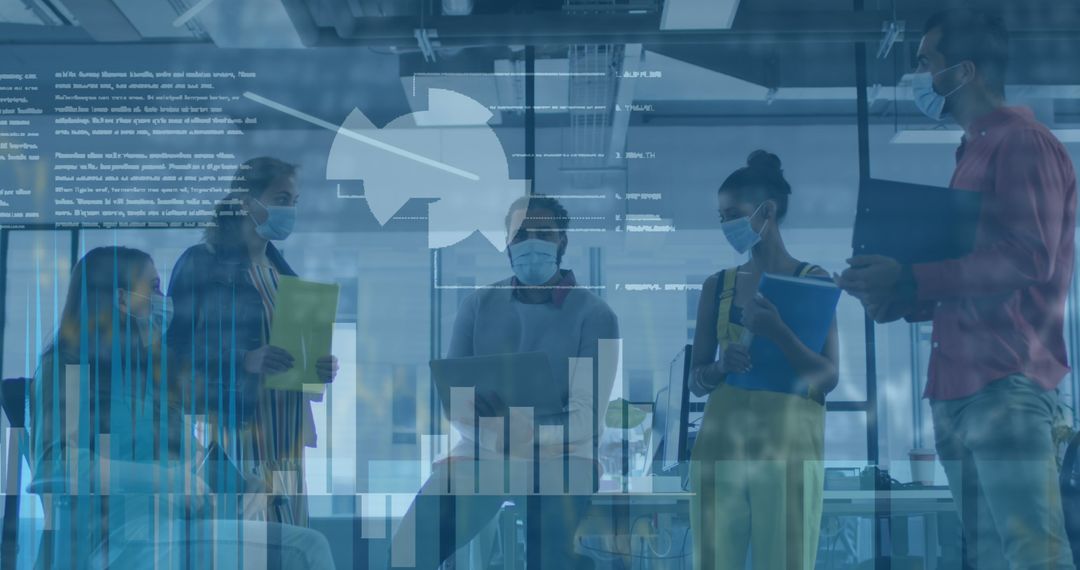 Business Team Analyzing Data with Masks During Pandemic