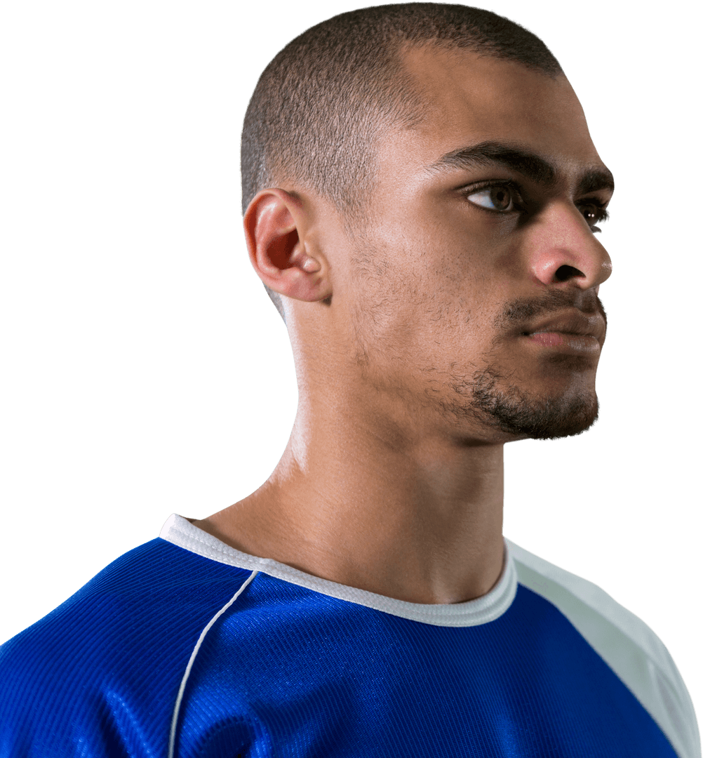Transparent Thoughtful Athlete Standing in Blue Jersey
