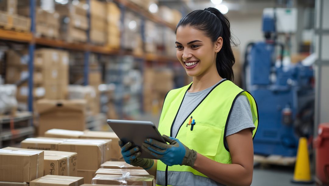Warehouse Worker Scanning Inventory with Tablet in Distribution Center