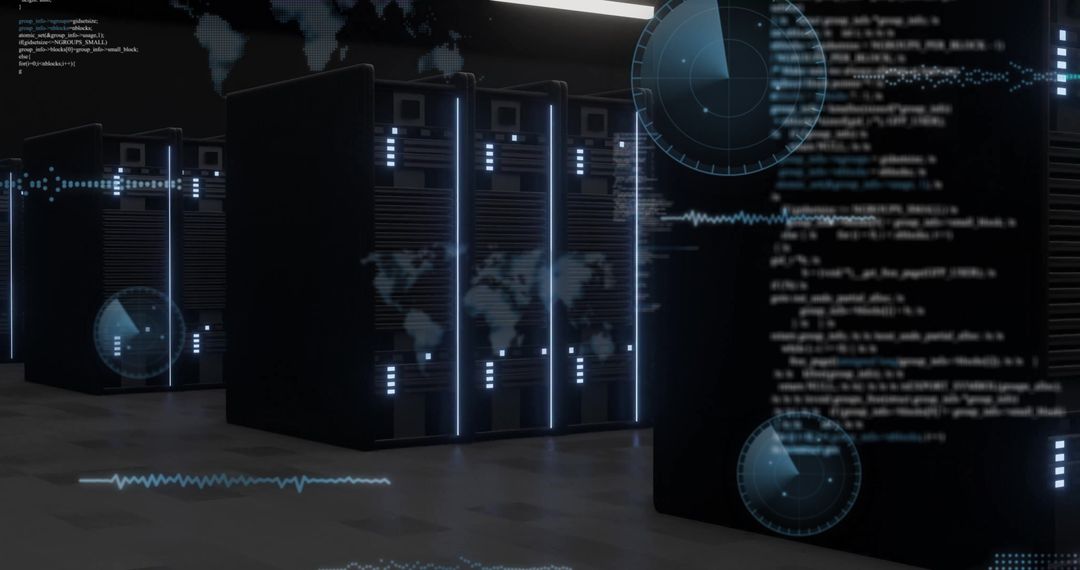 Data Center with High-Tech Server Racks and Digital Overlays