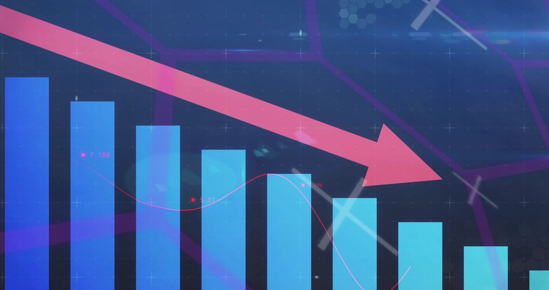 Declining Market Visualization with Magenta Arrow Crossing Blue Bar Chart and Line Markers