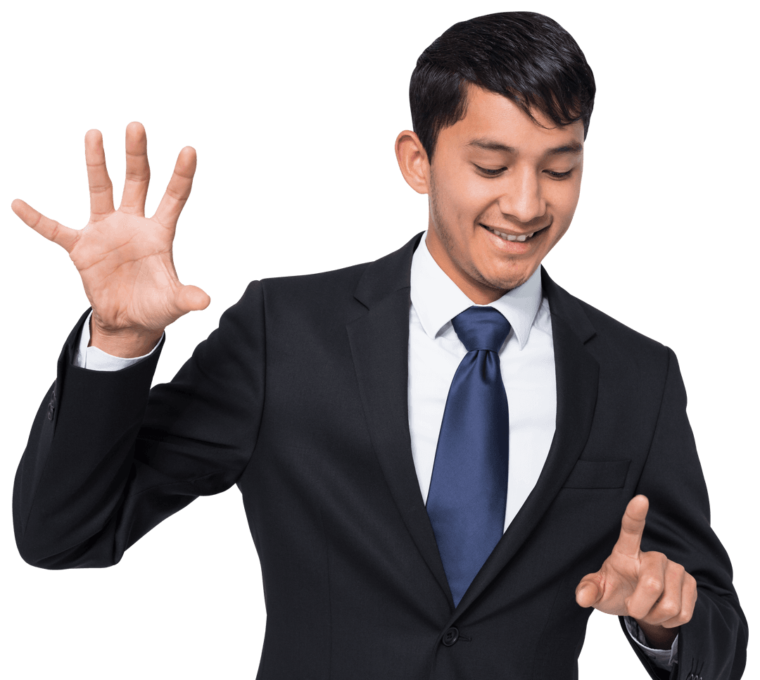 Happy Asian Businessman Pointing with Transparent Background