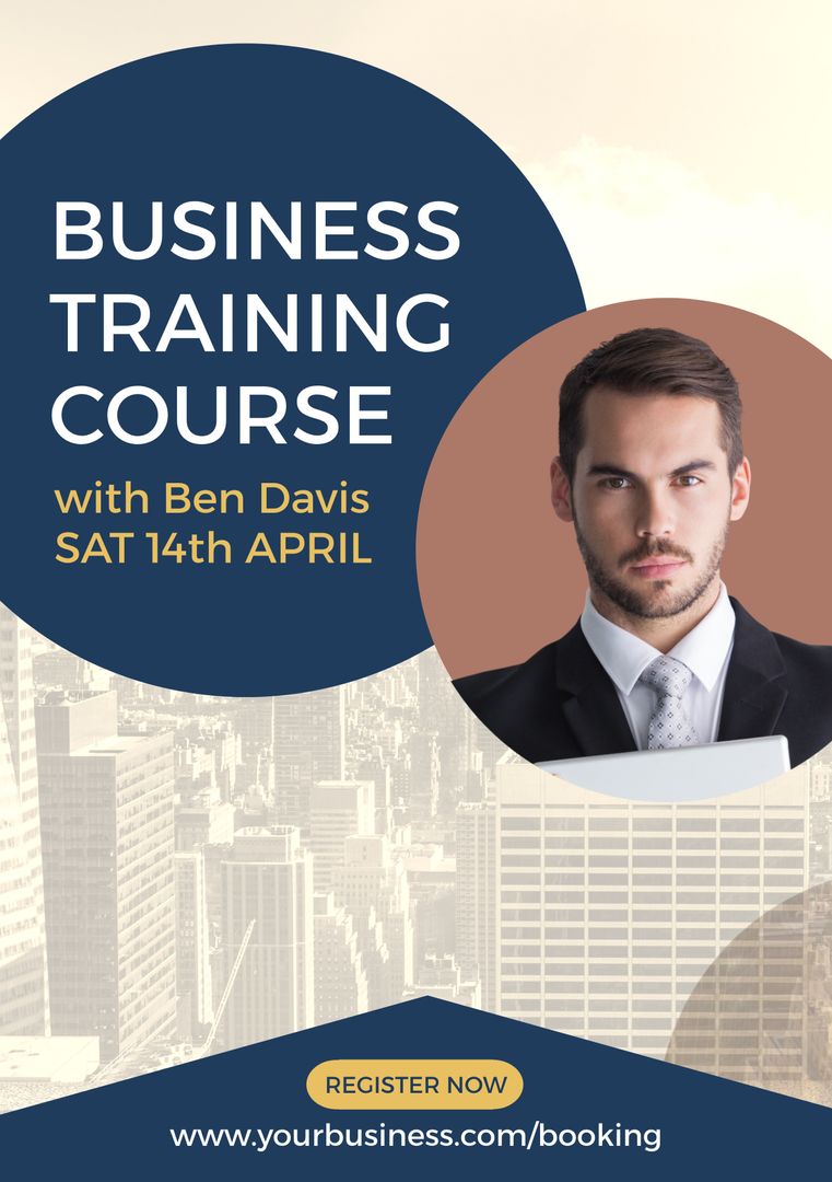 Business Training Course Advertisement with Confident Businessman and City Background - Download Free Stock Templates Pikwizard.com