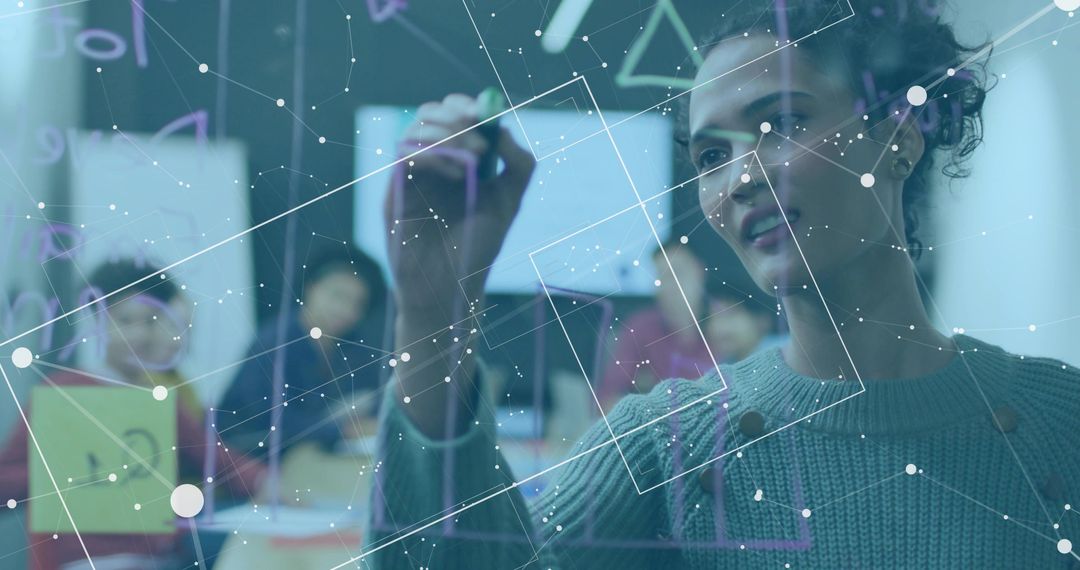 Woman Presenting on Glass Board with Data Visualization Overlay for Team Brainstorm