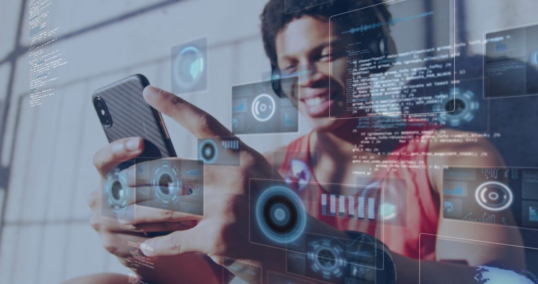 Young Athlete Engaging with Futuristic Digital Interface