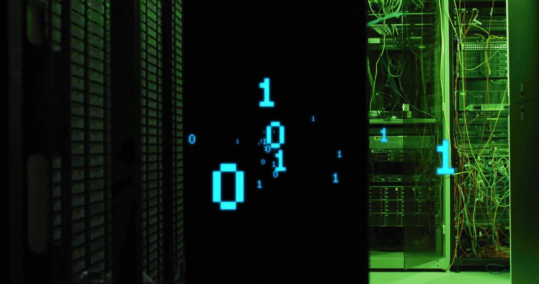 Binary Code Floating in Modern Data Center Hallway