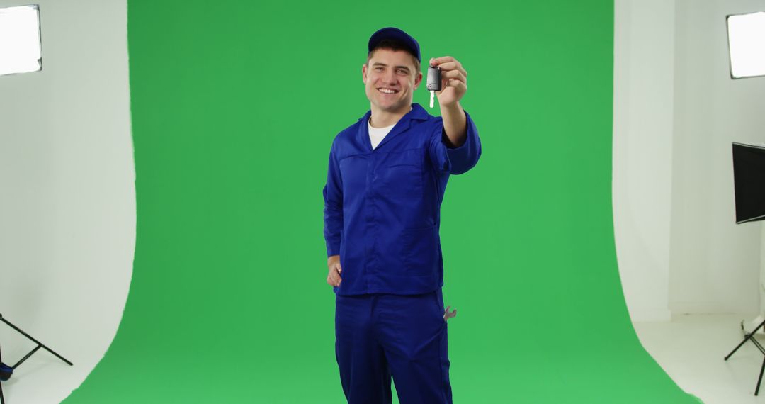 Smiling Technician in Blue Uniform Holding a Key on Green Screen - Free Images, Stock Photos and Pictures on Pikwizard.com