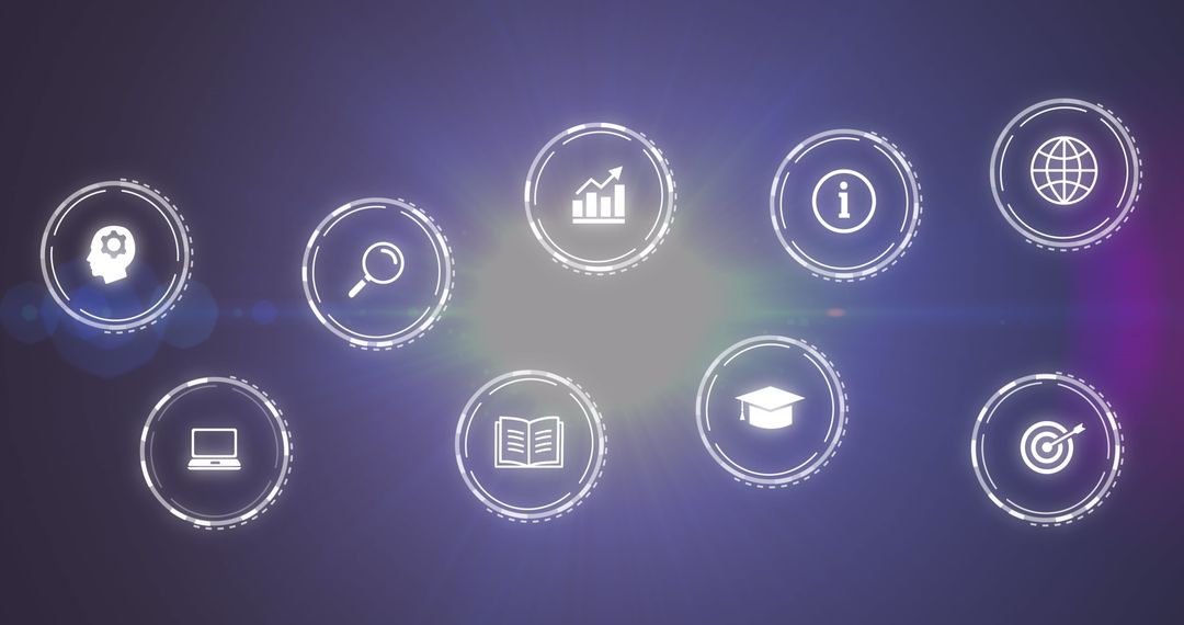 Digital Interface Icons on Purple Background with Bright Lens Flare