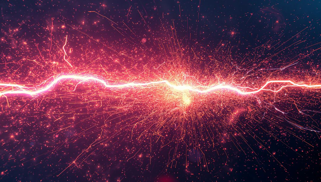 Pulsing Neon Energy Arc Crossing Center with Explosive Radial Sparks and Particle Trails