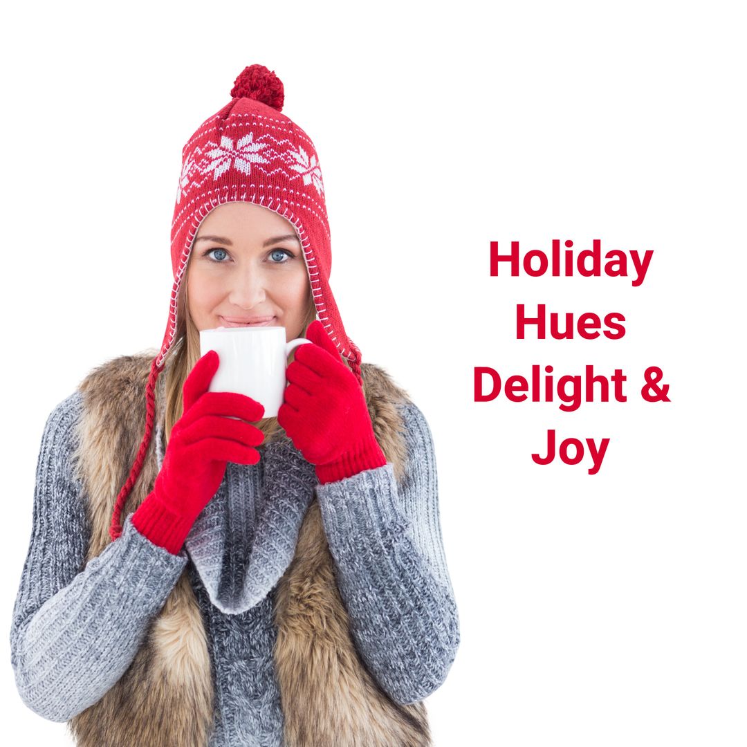 Smiling Woman Enjoying Winter Drink in Festive Red Hat