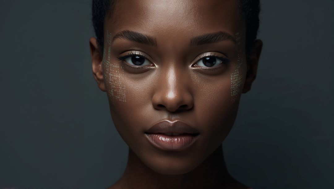 Futuristic beauty portrait of female model wearing metallic gold cheek code, closeup