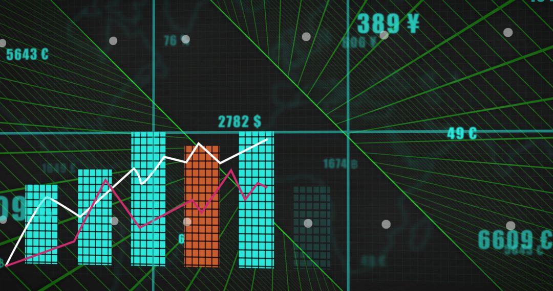 Neon Financial Dashboard Showing Tiled Bar Chart and Trend Lines on Dark Grid Interface