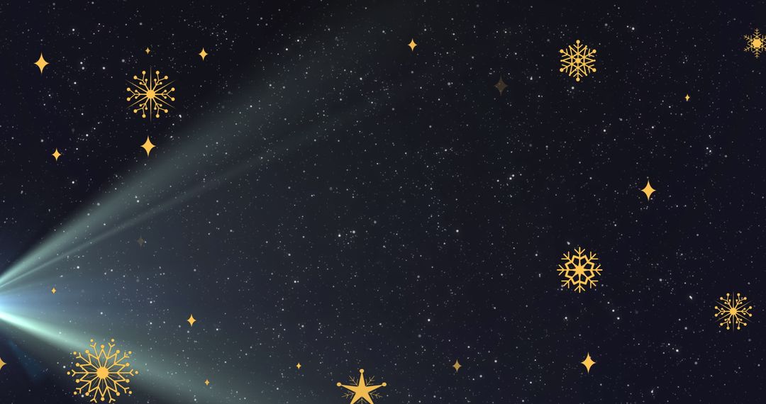 Golden Snowflakes in Starry Night Sky with Shining Light