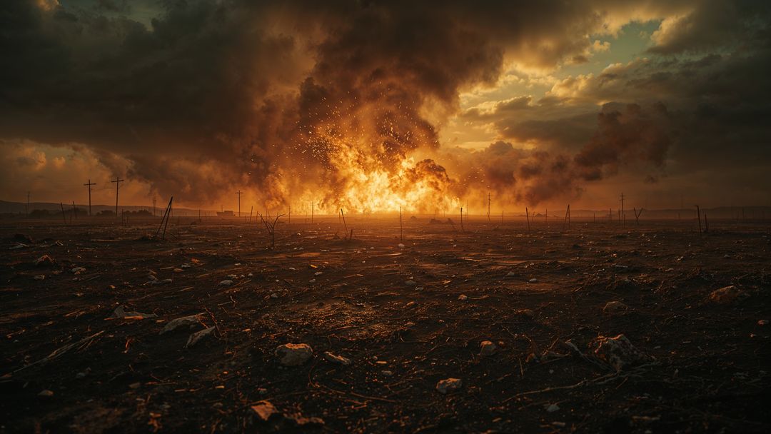 Apocalyptic scene with explosive airstrikes fireball and chaos