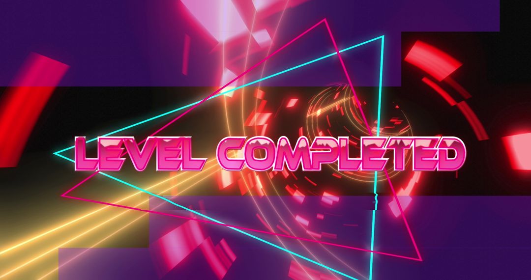 Level Completed Neon Sign with Futuristic Geometric Patterns
