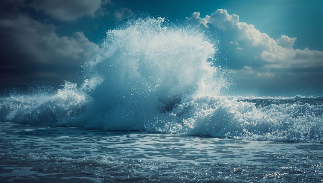 Majestic Ocean Wave Crashing Under Cloudy Sky