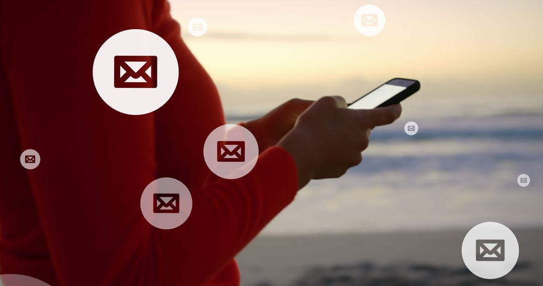 Woman Using Smartphone on Beach with Email Icons Overlay