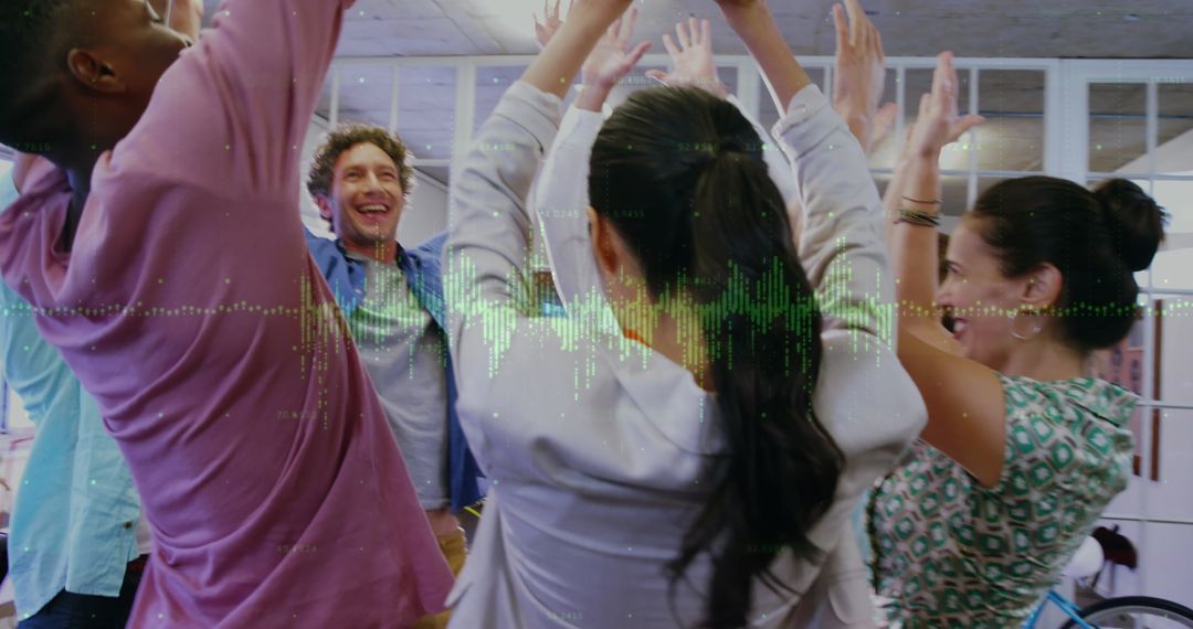 Diverse Team Celebrating Success with Data Overlay