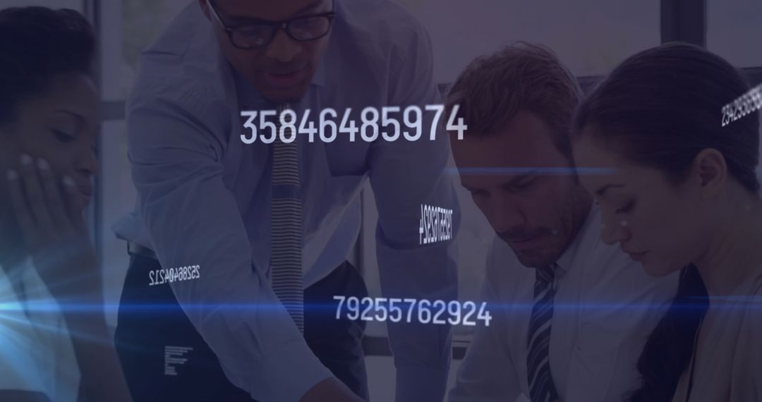 Diverse Team Analyzing Reports with Digital Data Overlay in Office