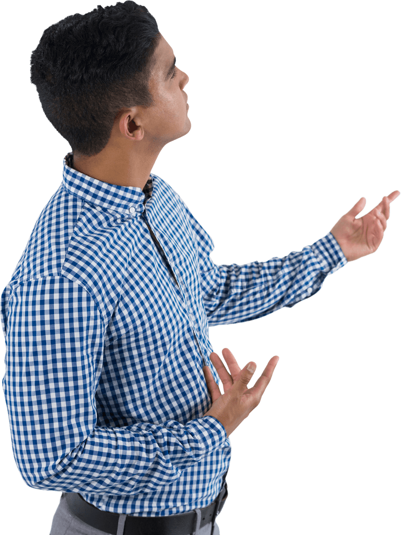 Businessman Gesturing in Checkered Shirt with Transparent Background