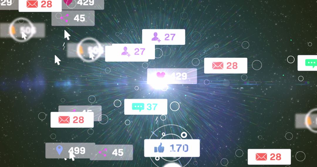 Digital Social Media Interaction Icons in Cosmic Background