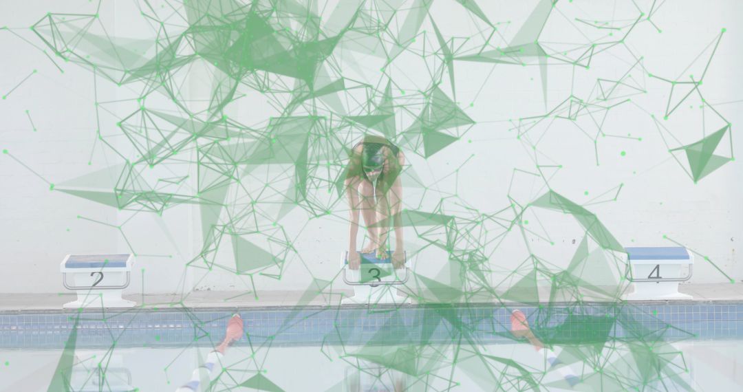 Mature swimmer crouching on starting block 3 with green geometric overlay for sports tech