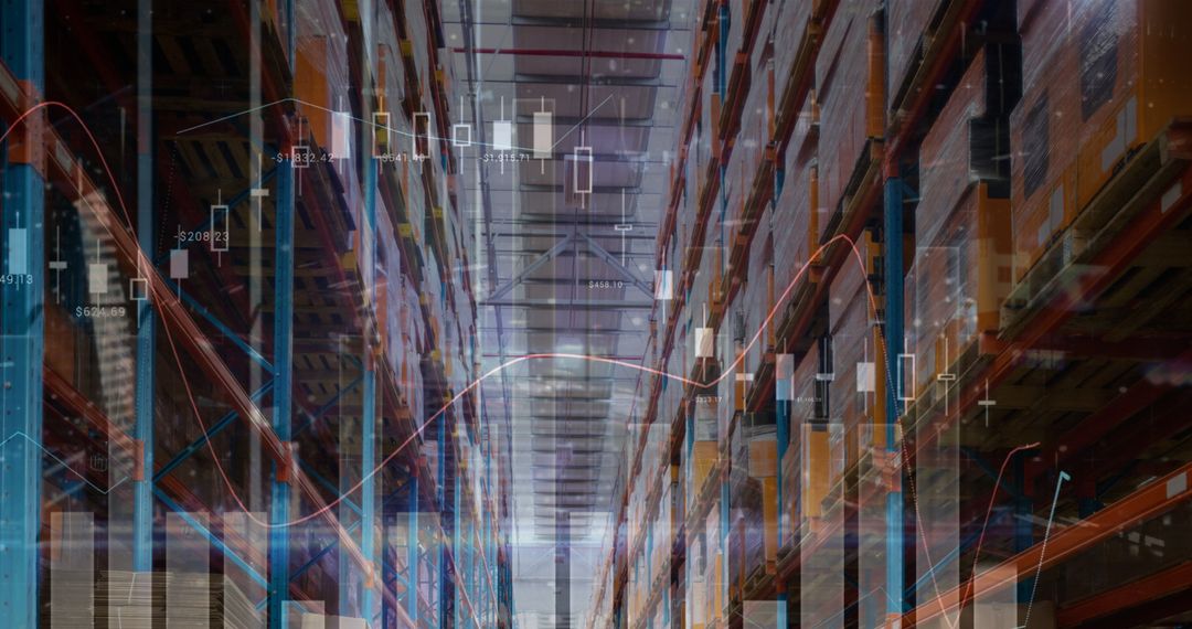 Digital Financial Data Overlay on Empty Warehouse Interior