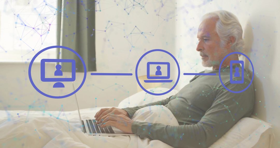 Senior Man Using Laptop in Bedroom with Digital Connections Overlay