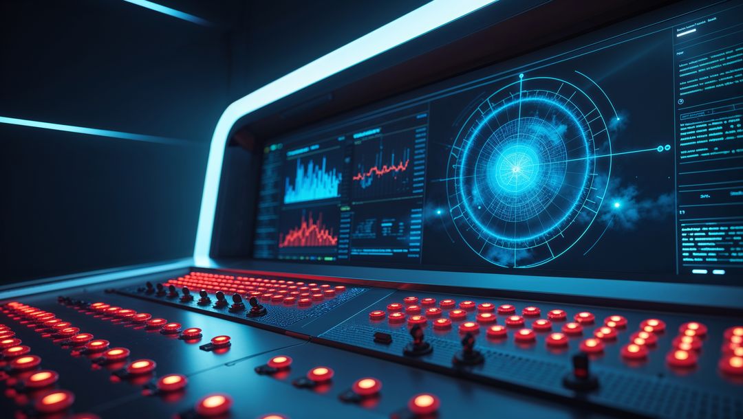 Futuristic command console with glowing red toggles, red alert concept