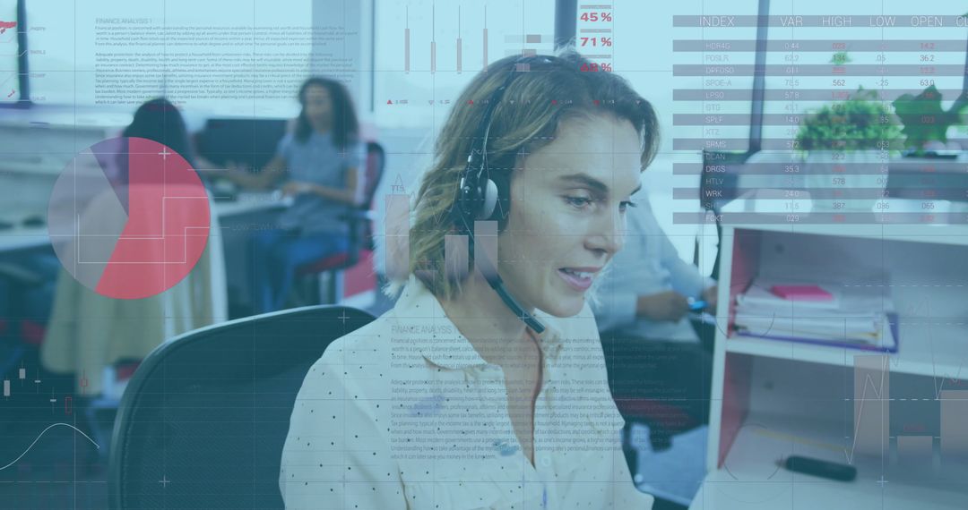 Businesswoman Using Headset with Financial Data Overlay in Modern Office