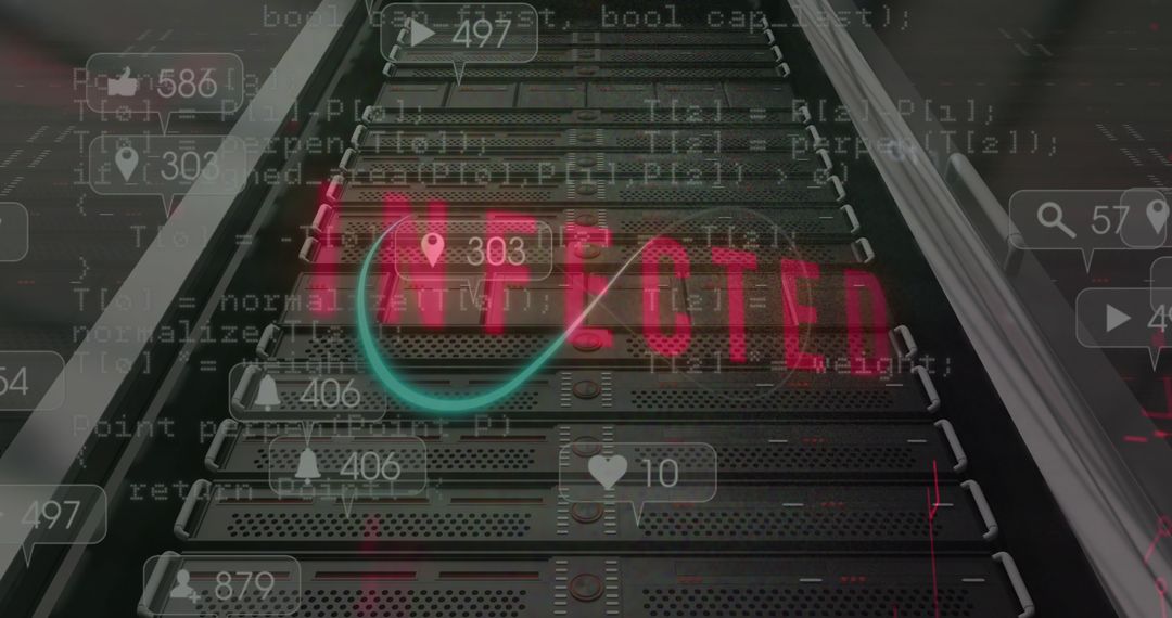 Infected Servers in Data Center with Security Breach Icons