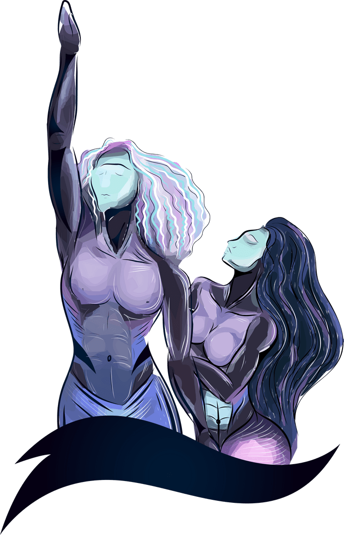 Stylized Abstract Figures Posing with Curved Banner Transparent Background